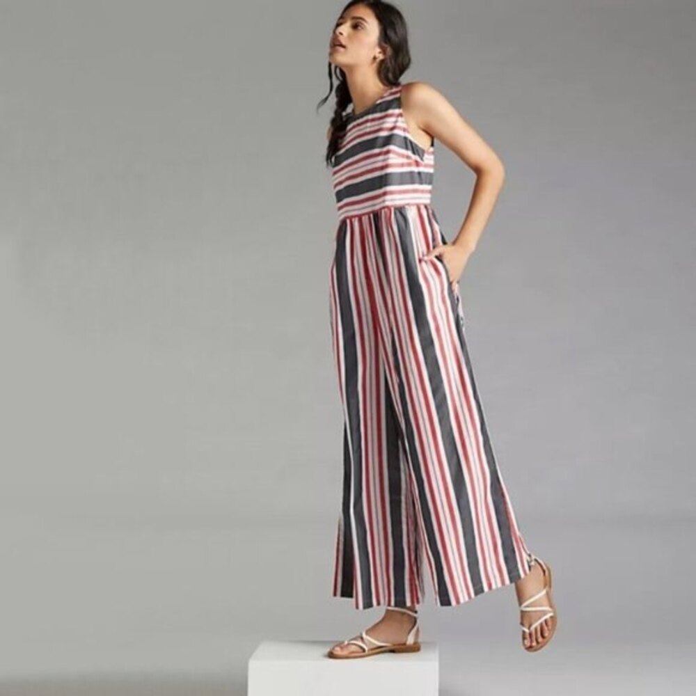 Anthropologie Striped Wide-Leg Jumpsuit in Navy, Coral & White